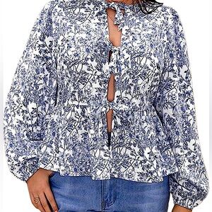 SHEIN Ditsy Floral Blue and White Peplum Tie Front Blouse